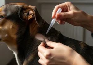 Nakładanie preparatu spot-on (Advocate) na kark psa; odsłonięta skóra.