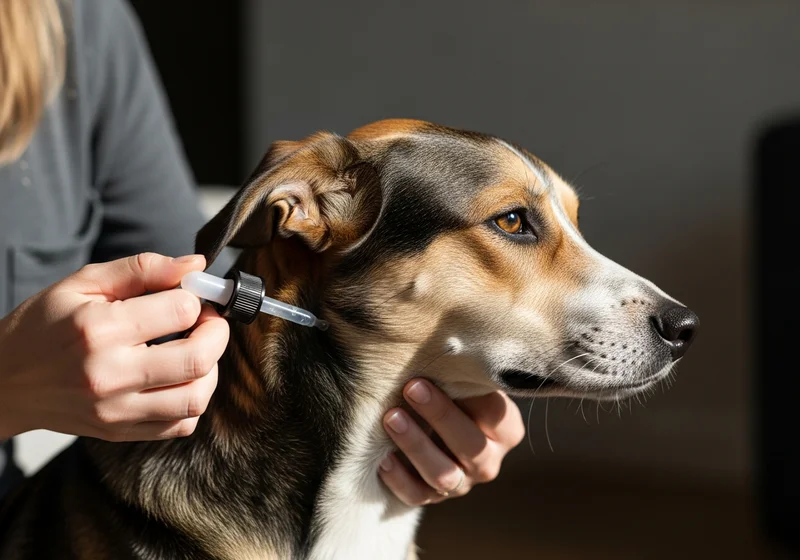 Aplikowanie kropli preparatu Advocate na szyję psa.