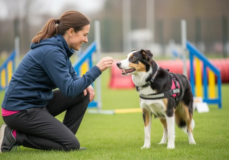 Przewodniczka nagradza psa smakołykiem na torze agility; wzmacnianie więzi i motywacja do treningu.