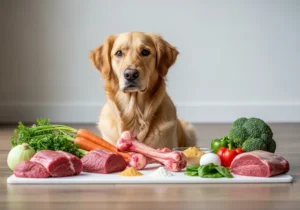 Golden retriever z surowym mięsem, kośćmi, warzywami i suplementami do diety BARF.