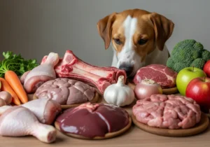 Pies z ciekawością patrzy na surowe składniki diety BARF: mięso, kości, organy, warzywa i owoce.