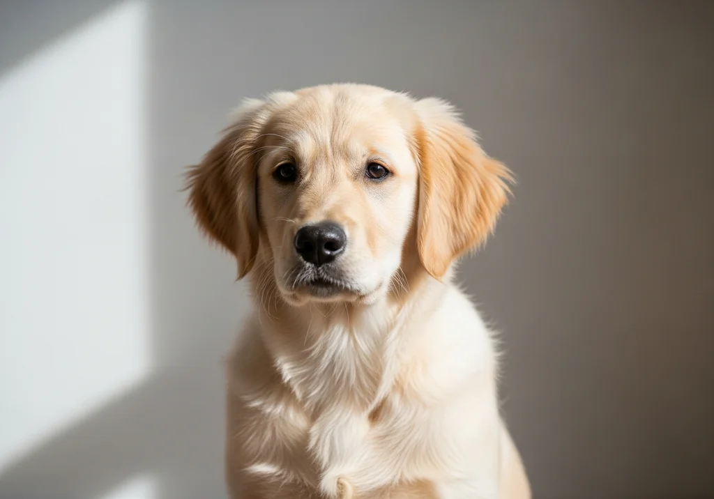 Portret szczeniaka golden retrievera o jasnej sierści, patrzącego w obiektyw.