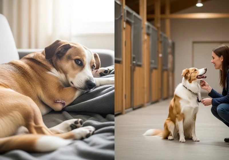 Pies z blizną na kanapie i golden retriever z uśmiechniętą opiekunką w boksach.
