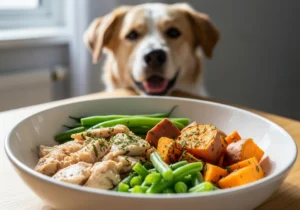 Miska z domowym posiłkiem dla psa (kurczak, zielona fasolka, bataty), na który patrzy podekscytowany pies.