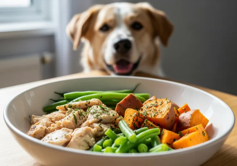 Miska z domowym posiłkiem dla psa (kurczak, zielona fasolka, bataty), na który patrzy podekscytowany pies.