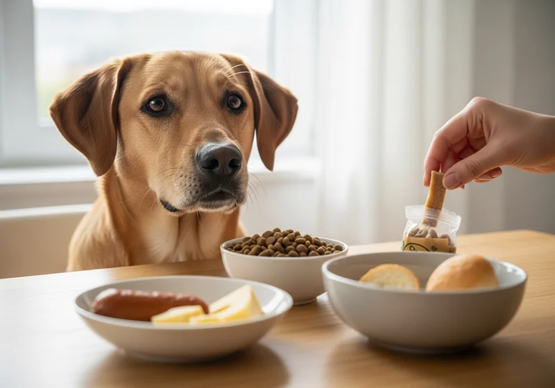 Pies patrzy na smakołyk, otoczony miskami z karmą, kiełbasą, serem i pieczywem – potencjalnymi alergenami.