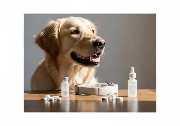 Golden retriever obok obroży, tabletek i kropli na kleszcze dla psa.