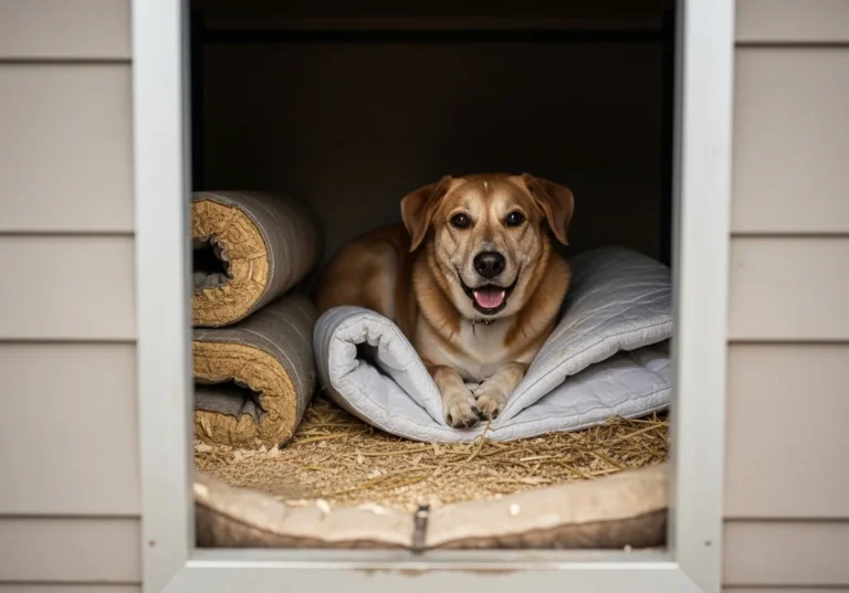Uśmiechnięty pies w ocieplanej budzie, wyłożonej matami, słomą i wiórami.