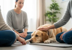 Sesja dogoterapii: spokojny golden retriever leży na macie, głaskany przez osobę, z dwoma uczestnikami.