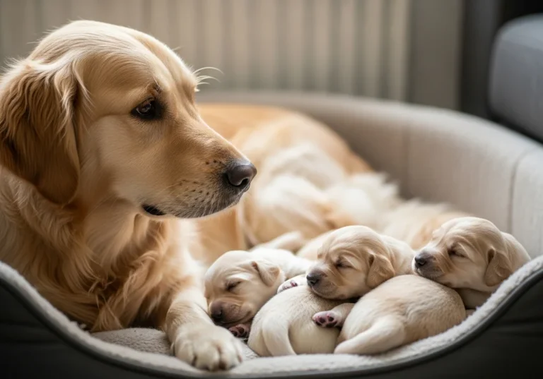 Spiąca suka golden retriever z kilkoma śpiącymi szczeniętami w legowisku.