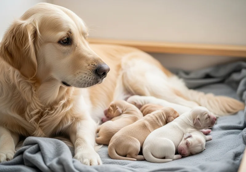 Suczka golden retrievera z licznym miotem nowo narodzonych szczeniąt, śpiących przy niej na kocu.