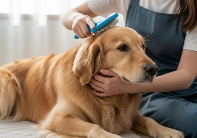 Osoba delikatnie czesze gęstą sierść złotego retrievera niebieską szczotką, pielęgnując psa.