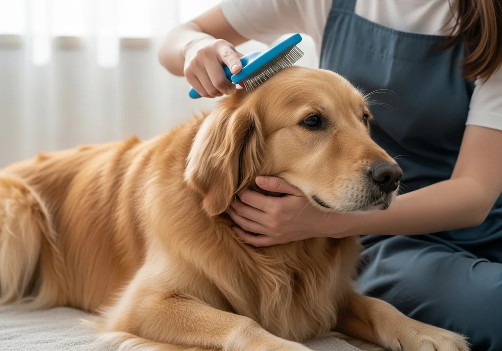 Osoba delikatnie czesze gęstą sierść złotego retrievera niebieską szczotką, pielęgnując psa.