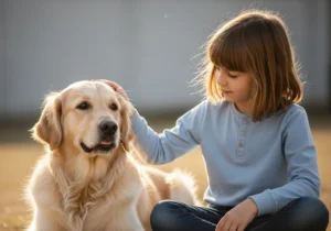 Dziewczynka delikatnie głaszcze golden retrievera, budując bezpieczną więź między psem a dzieckiem.