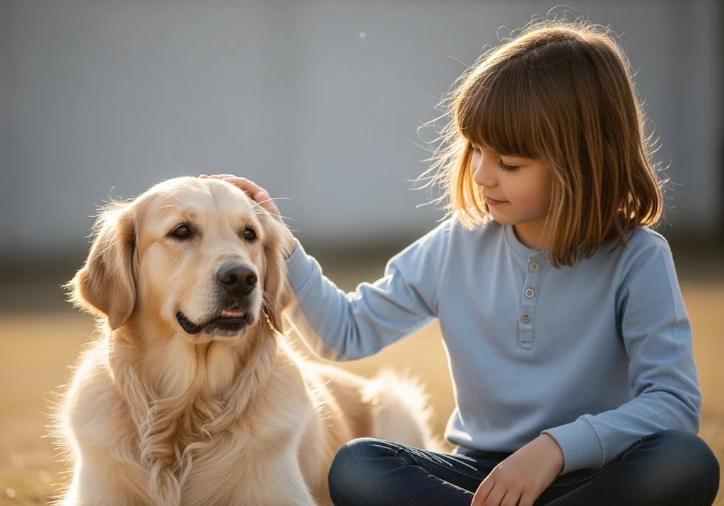 Dziewczynka delikatnie głaszcze golden retrievera, budując bezpieczną więź między psem a dzieckiem.