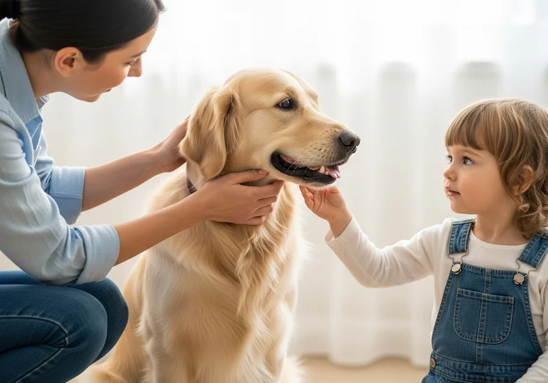 Kobieta z dzieckiem delikatnie głaszczą golden retrievera, demonstrując prawidłową interakcję ze zwierzęciem.