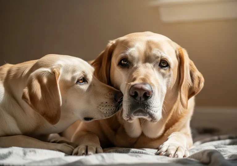 Dwa jasne labradory leżące razem na kocu; jeden nuszczy pysk drugiego, który patrzy przed siebie.