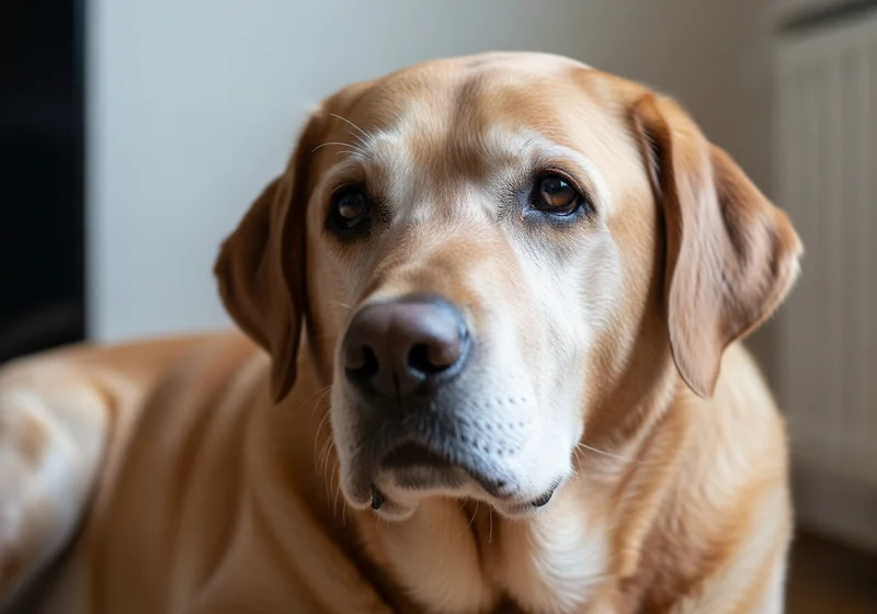 Zbliżenie na pysk starszego, żółtego labradora, z siwiejącymi włosami wokół oczu i pyska oraz spokojnym wyrazem.