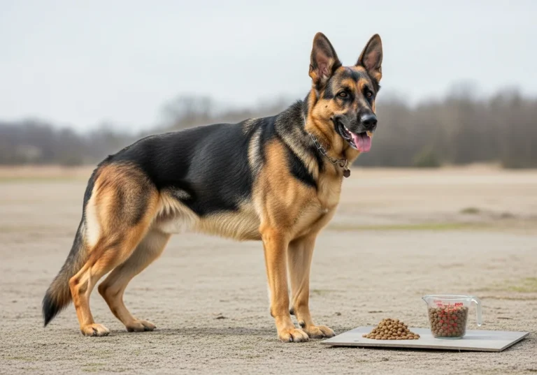 Dorosły owczarek niemiecki stoi obok karmy dla psów w miarce i rozsypanej, na tle piaszczystego terenu.