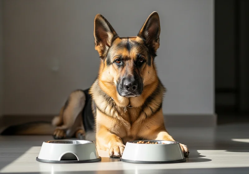 Owczarek niemiecki leży, obok dwie miski: jedna z karmą, druga pusta.