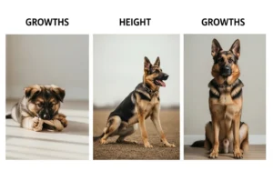 Owczarek niemiecki w trzech etapach wzrostu: szczenię, młody pies i dorosły, ilustrujący rozwój i wysokość.