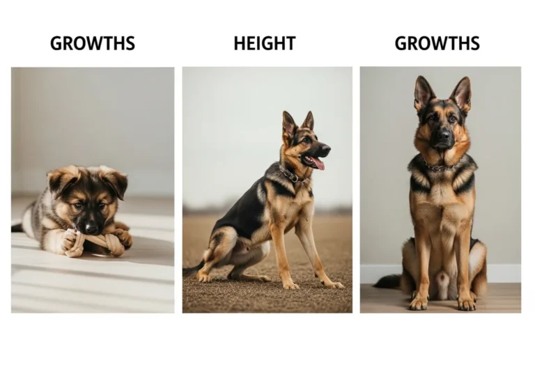Owczarek niemiecki w trzech etapach wzrostu: szczenię, młody pies i dorosły, ilustrujący rozwój i wysokość.