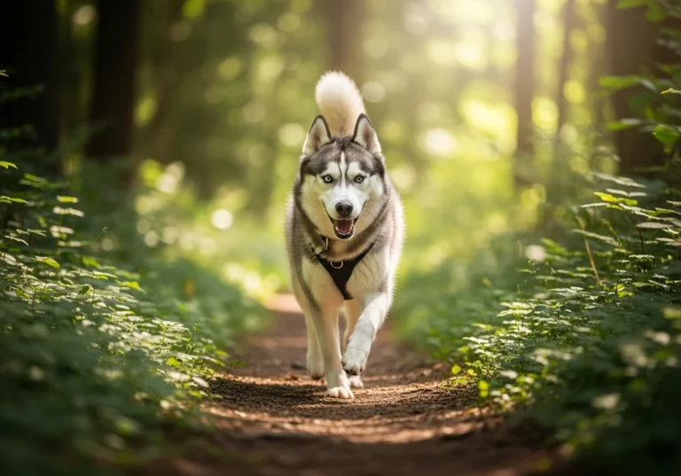 Energiczny husky w uprzęży biegnie leśną ścieżką, demonstrując potrzebę dużej dawki ruchu.