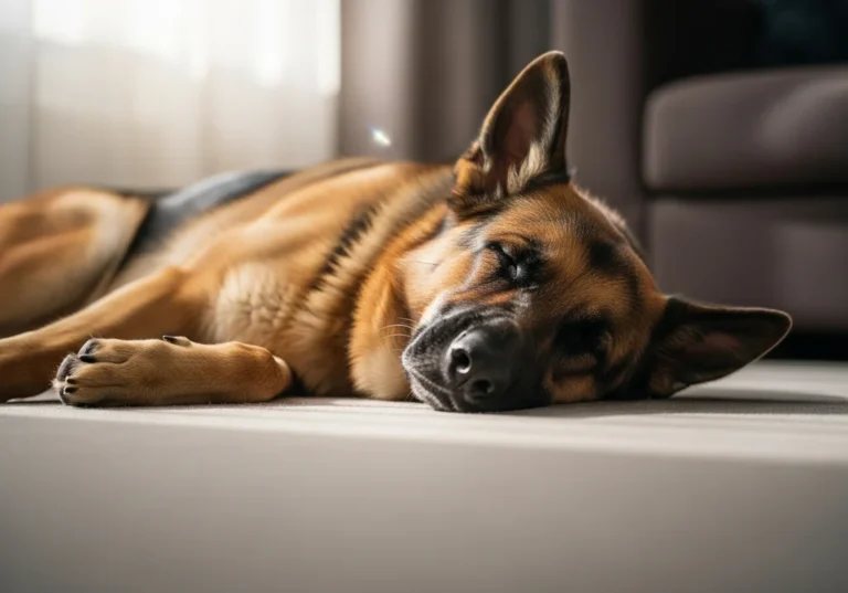 Owczarek niemiecki śpiący w domu, na podłodze, w promieniach słońca.