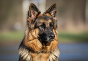 Ujęcie z bliska pięknego owczarka niemieckiego długowłosego, z gęstą, lśniącą sierścią, patrzącego w prawo.