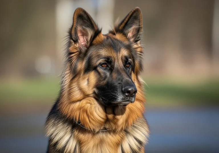 Ujęcie z bliska pięknego owczarka niemieckiego długowłosego, z gęstą, lśniącą sierścią, patrzącego w prawo.