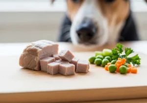 Pies patrzy na gotowaną wieprzowinę w kostkach i świeże warzywa (groszek, marchew) na desce.