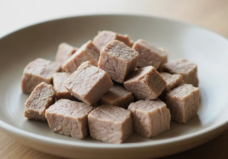 Kostki gotowanej wieprzowiny dla psa, ułożone na jasnym talerzu.