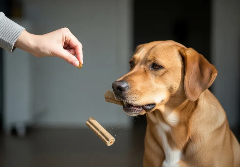 Pies upuszcza gryzak, by wziąć smakołyk z ręki, ćwicząc komendę "puść".