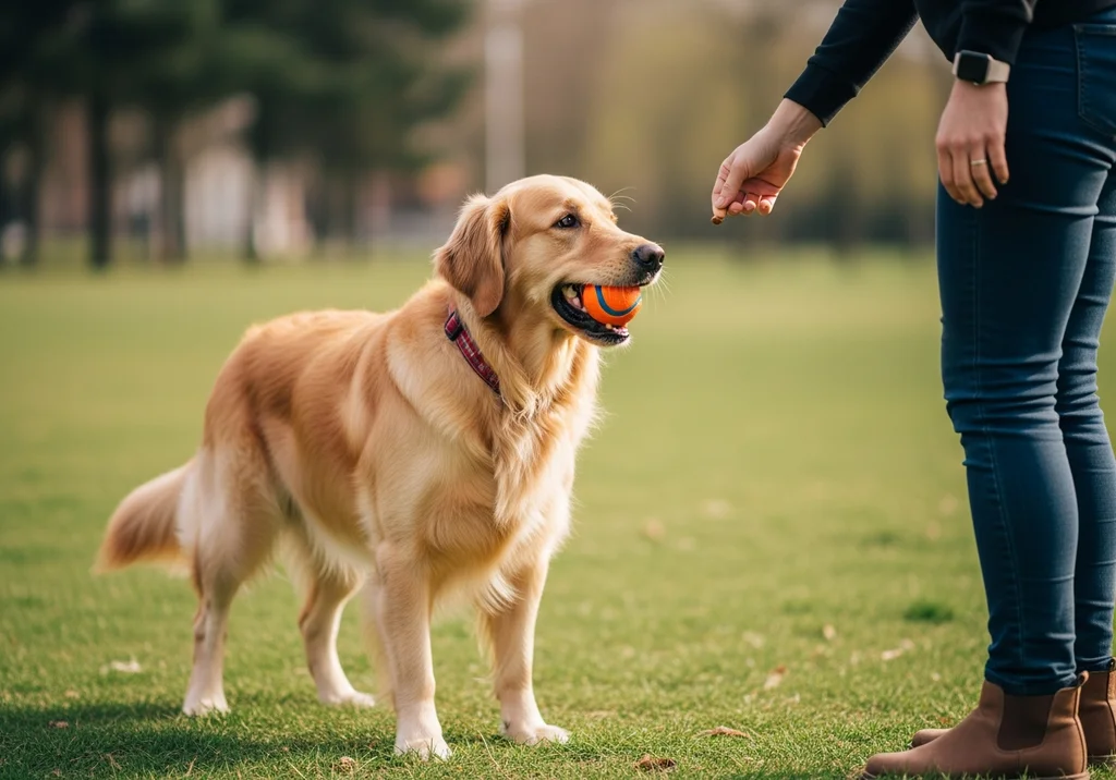 Pies golden retriever z piłką w pysku spogląda na smakołyk w dłoni trenera podczas nauki na trawie.