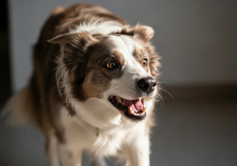 Pies z szeroko otwartymi oczami i otwartym pyskiem, wyraźnie nadmiernie pobudzony.