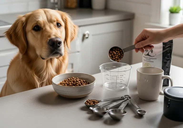 Golden retriever patrzy, jak ręka odmierza karmę miarką kuchenną, na stole miska z karmą i inne miarki.