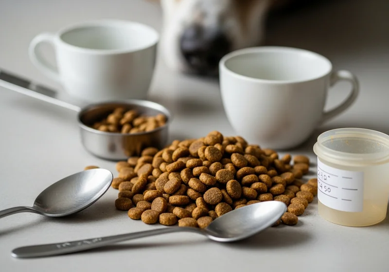 Odmierzanie karmy dla psa: stos granulatu, miarka, łyżki i kubki. W tle rozmyta głowa psa.