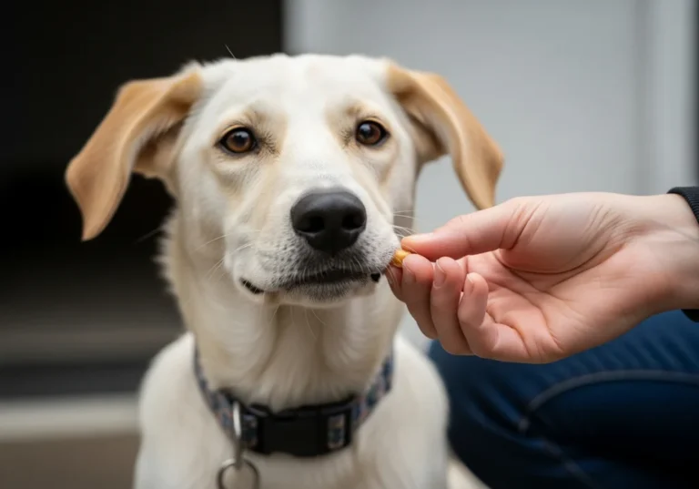Pies w obroży dostaje smakołyk z ręki, ucząc się pozytywnych skojarzeń z obrożą.