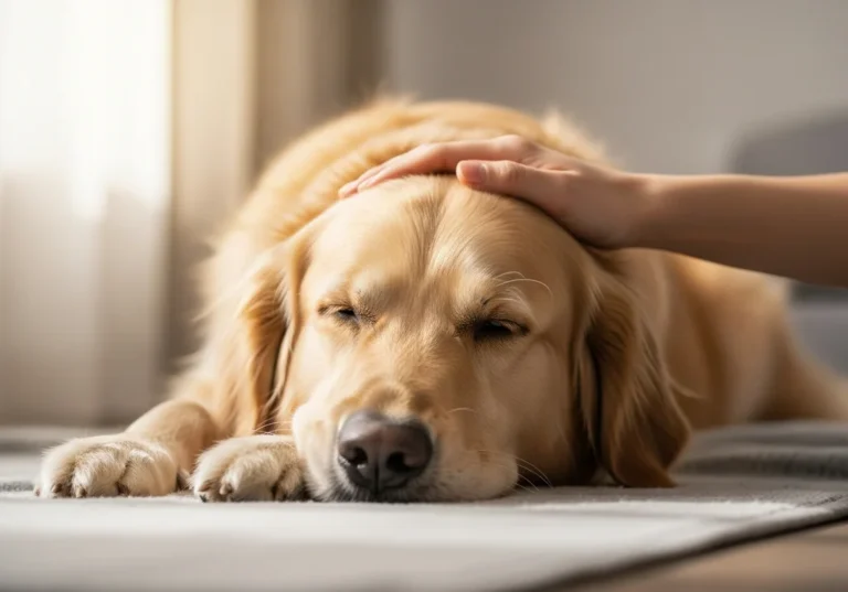 Złoty retriever leży spokojnie z zamkniętymi oczami, ludzka dłoń delikatnie głaszcze jego głowę.