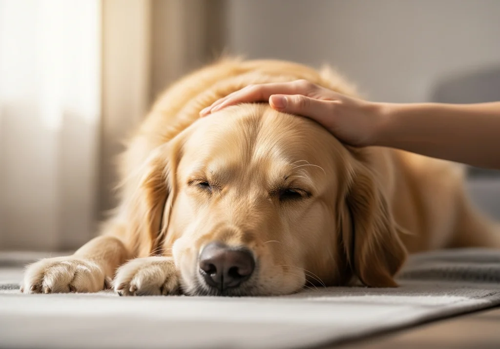 Złoty retriever leży spokojnie z zamkniętymi oczami, ludzka dłoń delikatnie głaszcze jego głowę.