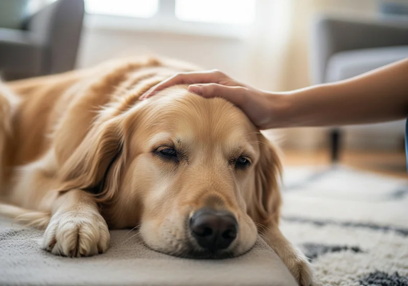 Golden retriever spokojnie leży, a dłoń delikatnie głaszcze go po głowie, zapewniając komfort.