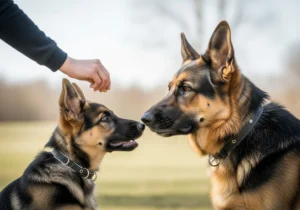 Człowiek nagradza przysmakiem szczeniaka owczarka niemieckiego, podczas gdy dorosły pies patrzy z boku.