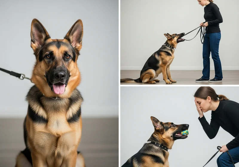 Owczarek niemiecki podczas treningu, a sfrustrowana trenerka zakrywa twarz ręką.