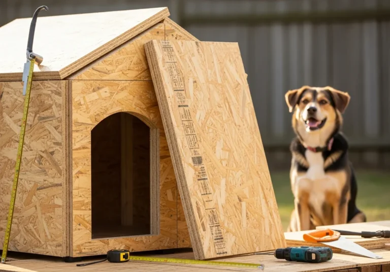 Zaczęta budowa budy dla psa z płyty OSB, obok narzędzia i zadowolony pies.