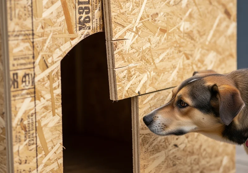 Pies zaglądający z budy z płyty OSB. Widoczne ostre krawędzie niezabezpieczonego otworu wejściowego.