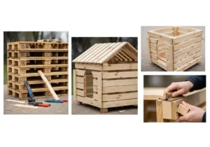 Budowa budy dla psa z palet: stos palet, narzędzia, szkielet budy, szlifowanie elementów drewnianych.