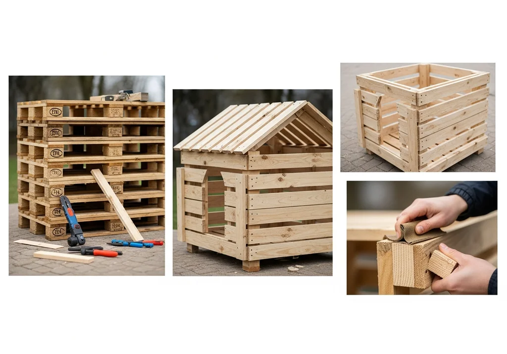 Budowa budy dla psa z palet: stos palet, narzędzia, szkielet budy, szlifowanie elementów drewnianych.