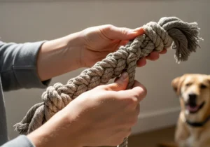 Ręce plecące sznurek na szarpak dla psa, w tle pies.
