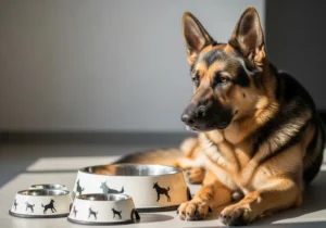 Owczarek niemiecki obok trzech misek o różnej pojemności.