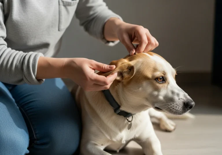 Osoba dokładnie sprawdza psa po spacerze pod kątem kleszczy, badając obszar wokół ucha, gdzie widać pasożyta.